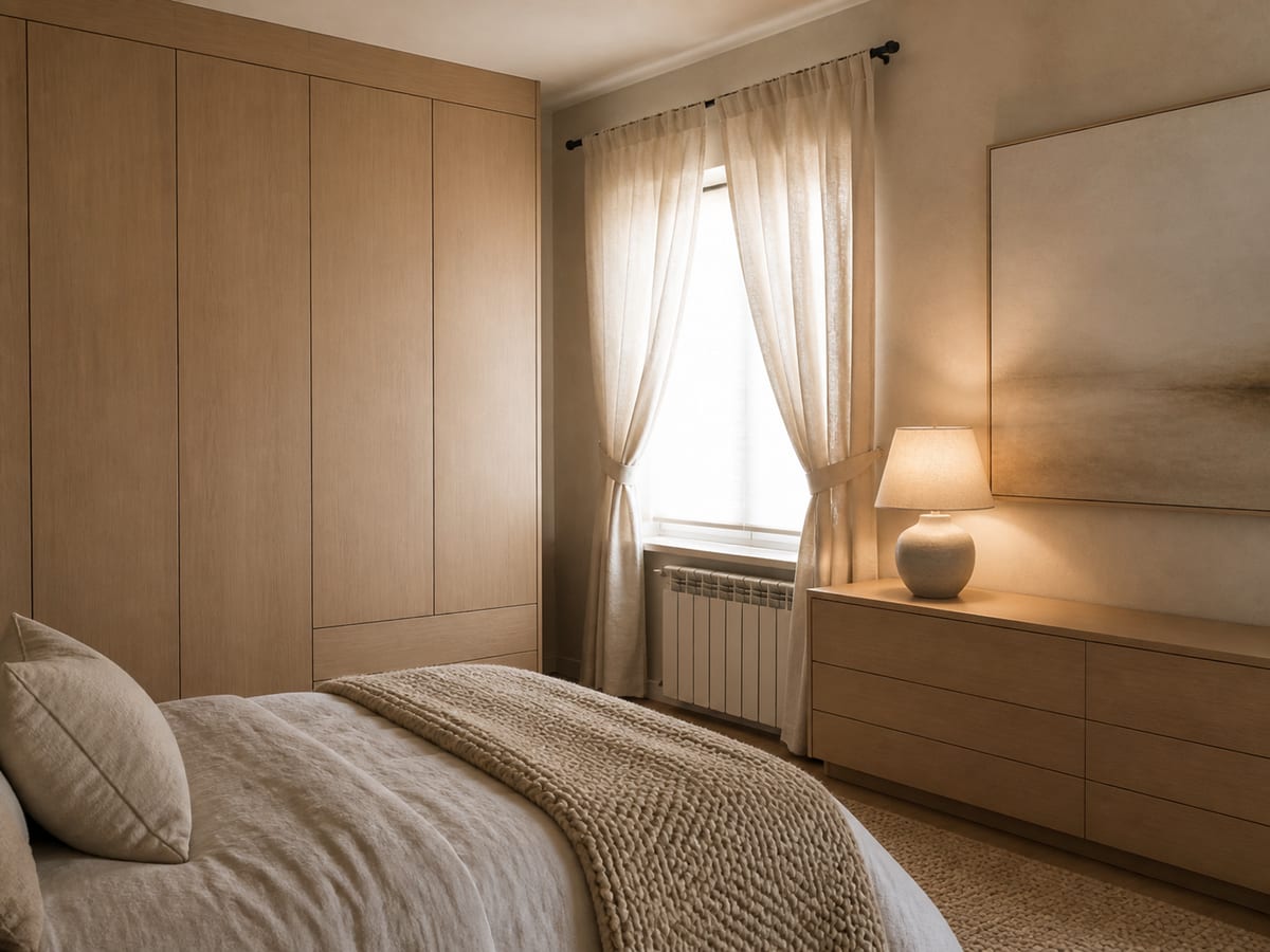 Dated bedroom redesigned in a quiet luxury style (after)